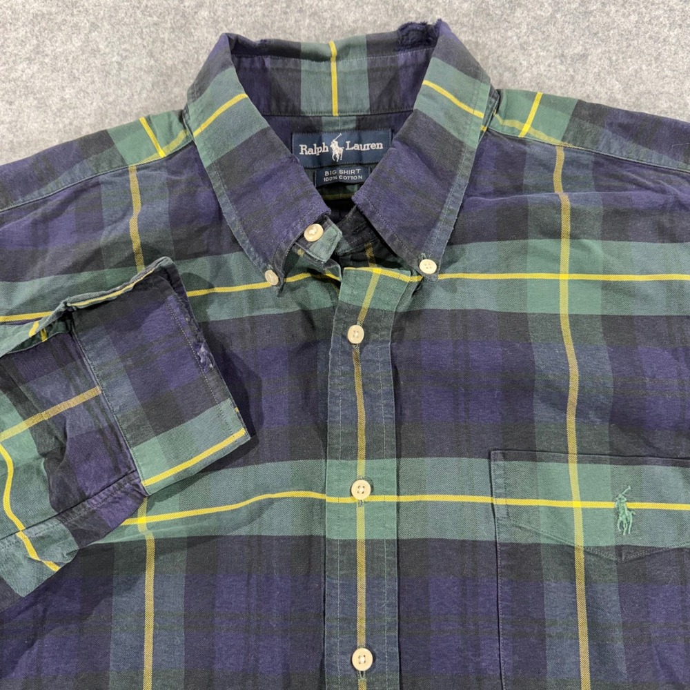 Ralph Lauren Big Shirt Mens XL Plaid Button Down Cotton Green Navy Yellow Flaw‎